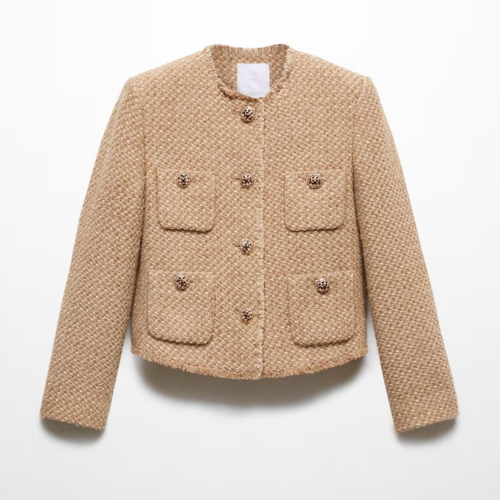 Mango tan tweed jacket with Jewel Buttons New With Tags! Large